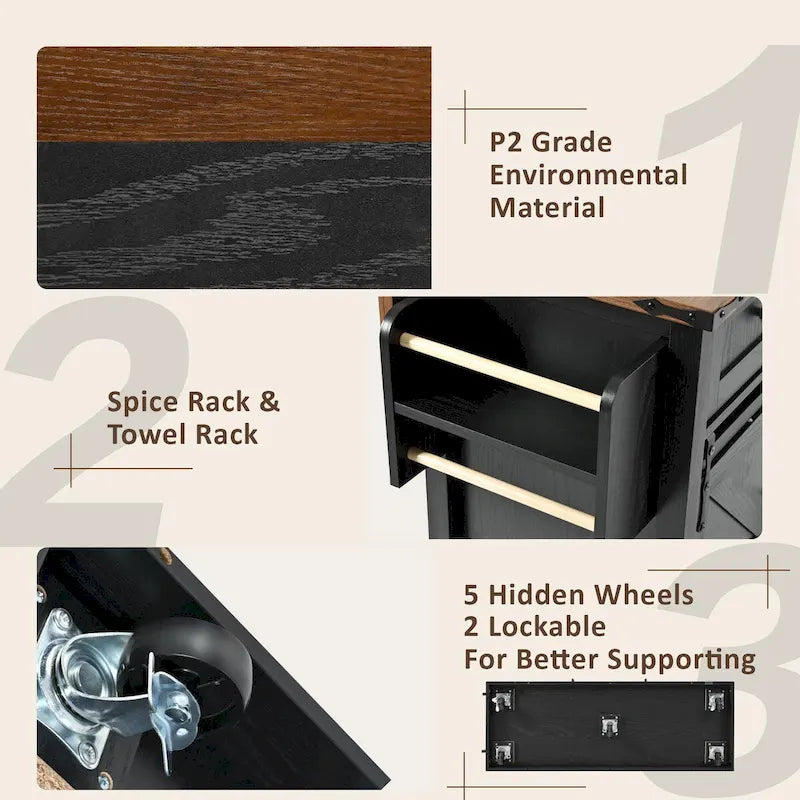 53.5-Inch Farmhouse Kitchen Island with Power Outlet and Locking Wheels