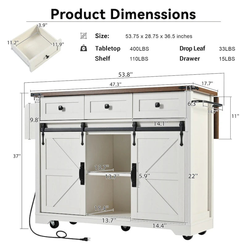 53.5-Inch Farmhouse Kitchen Island with Power Outlet and Locking Wheels