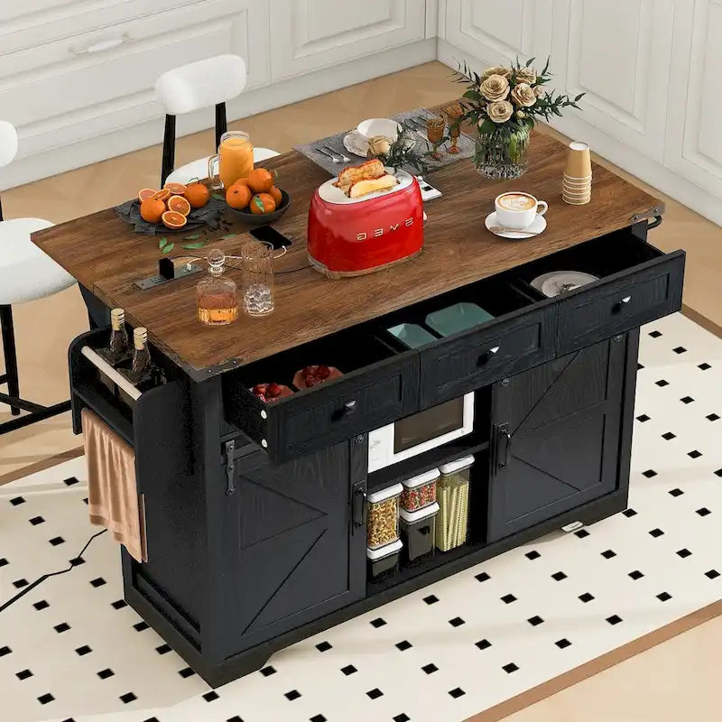 53.5-Inch Farmhouse Kitchen Island with Power Outlet and Locking Wheels