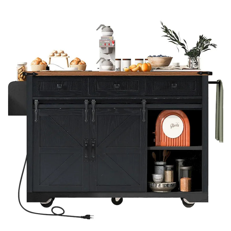 53.5-Inch Farmhouse Kitchen Island with Power Outlet and Locking Wheels