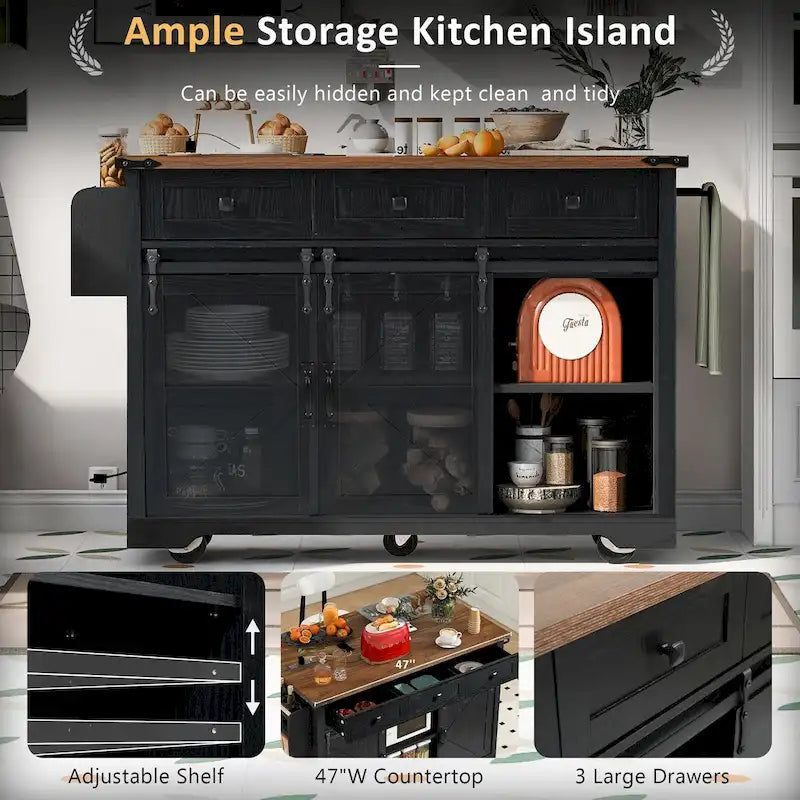 53.5-Inch Farmhouse Kitchen Island with Power Outlet and Locking Wheels
