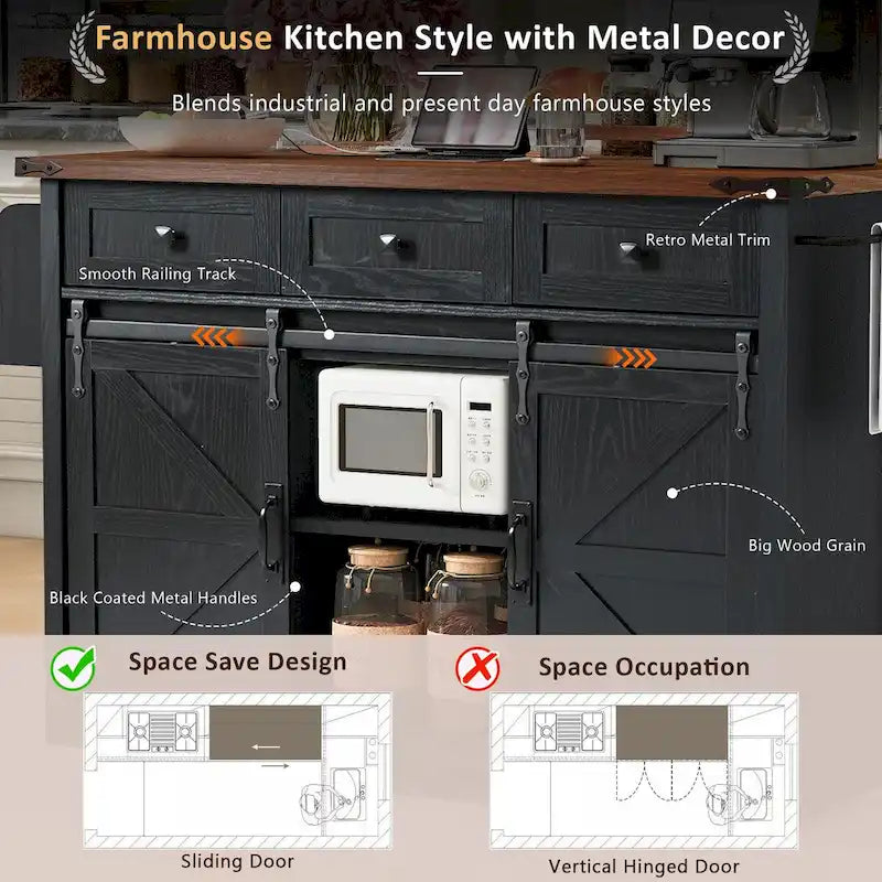 53.5-Inch Farmhouse Kitchen Island with Power Outlet and Locking Wheels