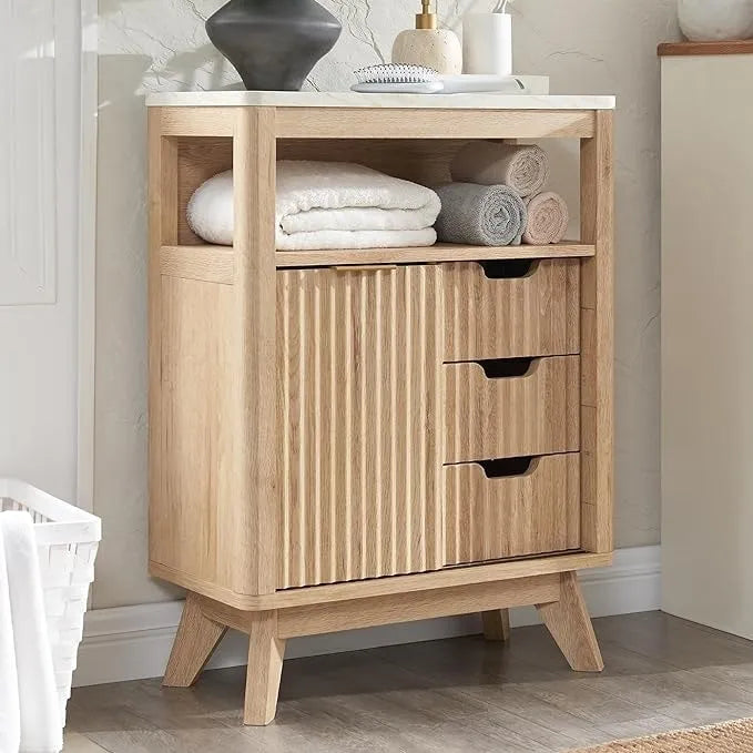 Modern Bathroom Floor Cabinet, Storage Organizer w/Faux Marble Top