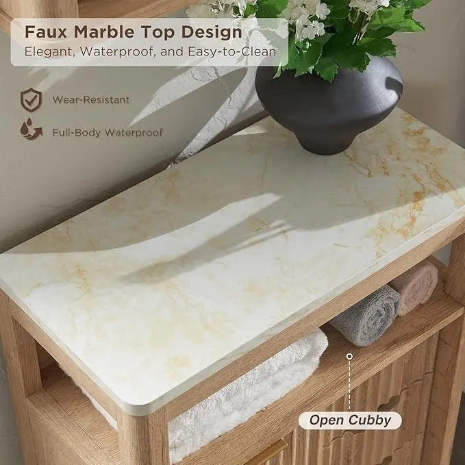 Modern Bathroom Floor Cabinet, Storage Organizer w/Faux Marble Top