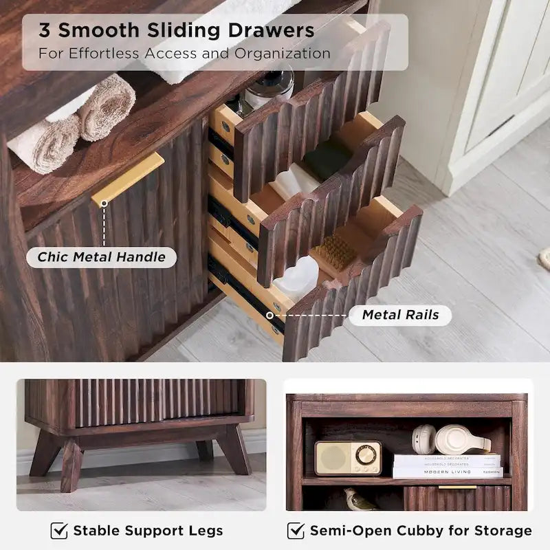 Modern Bathroom Floor Cabinet, Storage Organizer w/Faux Marble Top