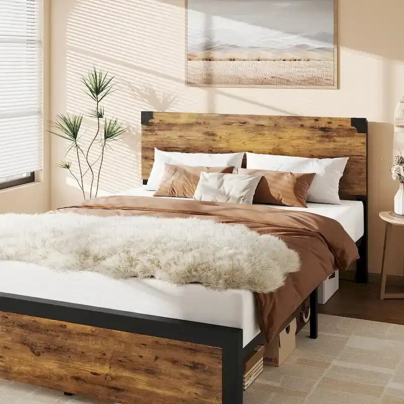 Bed Frame with Wood Headboard, Platform Bed Frame with Under Bed Storage