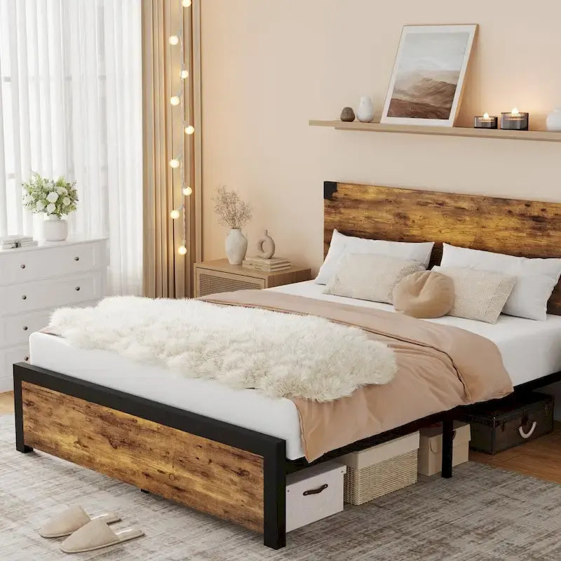 Bed Frame with Wood Headboard, Platform Bed Frame with Under Bed Storage