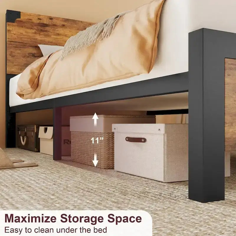 Bed Frame with Wood Headboard, Platform Bed Frame with Under Bed Storage