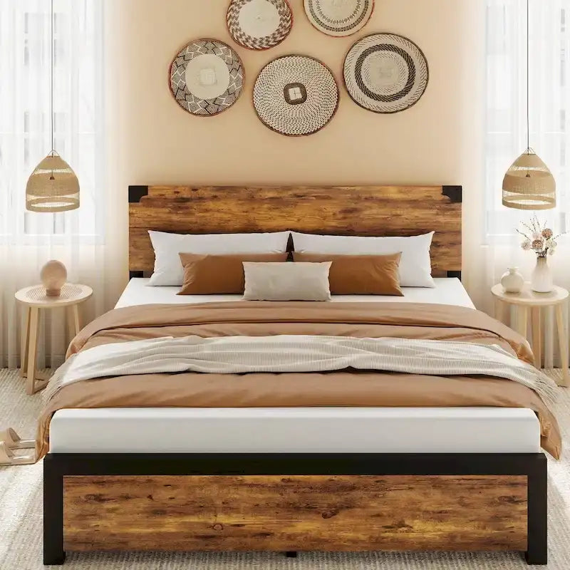 Bed Frame with Wood Headboard, Platform Bed Frame with Under Bed Storage