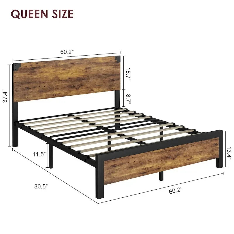 Bed Frame with Wood Headboard, Platform Bed Frame with Under Bed Storage