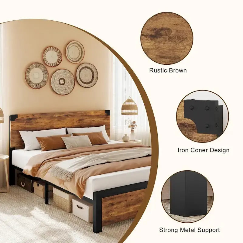 Bed Frame with Wood Headboard, Platform Bed Frame with Under Bed Storage