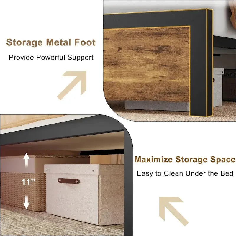 Bed Frame with Wood Headboard, Platform Bed Frame with Under Bed Storage