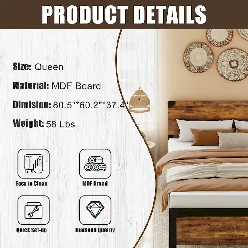 Bed Frame with Wood Headboard, Platform Bed Frame with Under Bed Storage