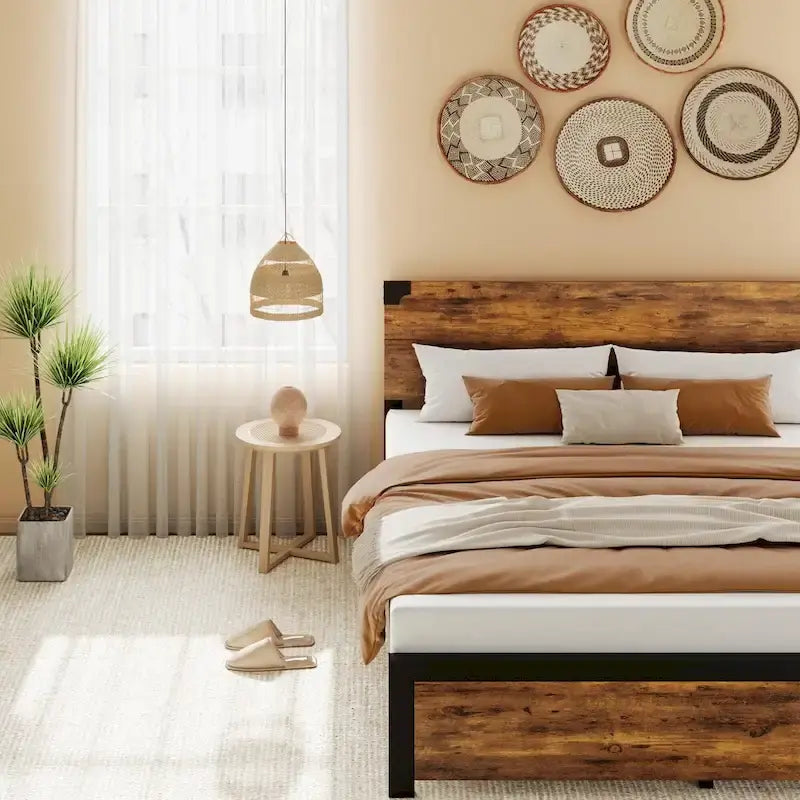 Bed Frame with Wood Headboard, Platform Bed Frame with Under Bed Storage