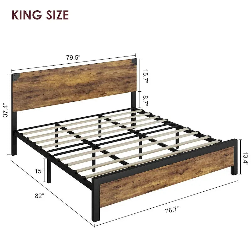 Bed Frame with Wood Headboard, Platform Bed Frame with Under Bed Storage